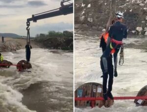 Bursa’da akıntıya kapılarak devrilen traktördeki 10 işçi vinçle kurtarıldı