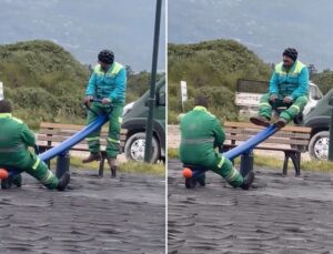 Kalpleri ısıtan görüntü: Temizlik işçileri tahterevallide eğlendi