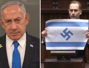 Polonyalı milletvekili Berkowicz, parlamentoda Nazi sembollü İsrail bayrağı açtı