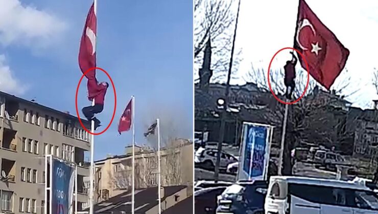 Rüzgarda dolanan bayrağı düzeltmek için 15 metrelik direğe tırmandı