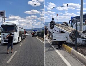 Edremit’te korkutan kaza tır ile otomobil çarpıştı: Araç takla attı