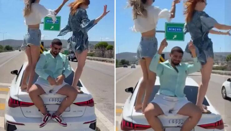 İzmir-Çeşme Otoyolu’nda akılalmaz görüntü: Araç üzerinde dans edip paylaştılar