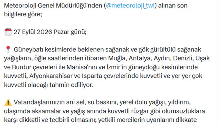 İçişleri Bakanlığı 27 Eylül’de güneybatıda ani sel ve su baskınına karşı uyardı