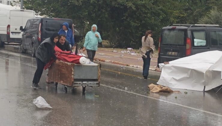 Antalya’da ani fırtına semt pazarında tenteleri yere serdi, esnaf zor anlar yaşadı