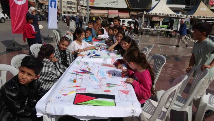 Kilis’te çocuklar, Filistinli yaşıtları için metrelerce kağıda resim çizdi