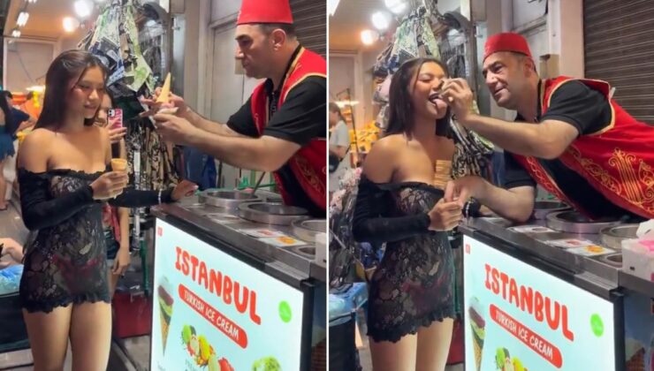 Maraş dondurmacısının turist kadına yaptığı şov tartışma yarattı