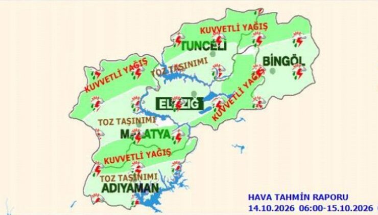 Meteoroloji 13. Bölge, Elazığ için kuvvetli yağış ve toz taşınımı uyarısı yaptı