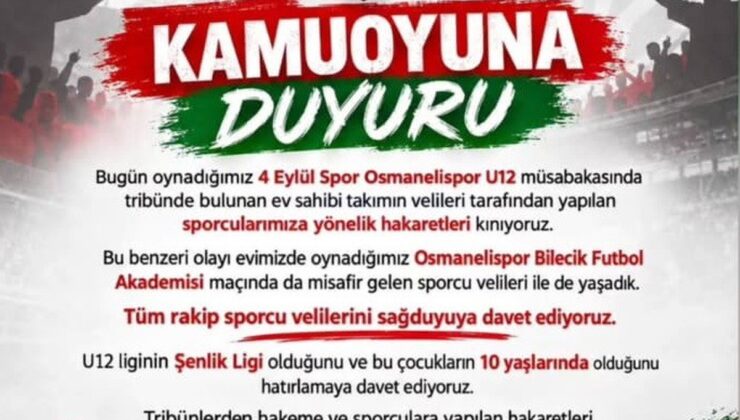 Osmanelispor, U12’de BFA ve 4 Eylülspor maçlarında sporculara hakaretleri kınadı